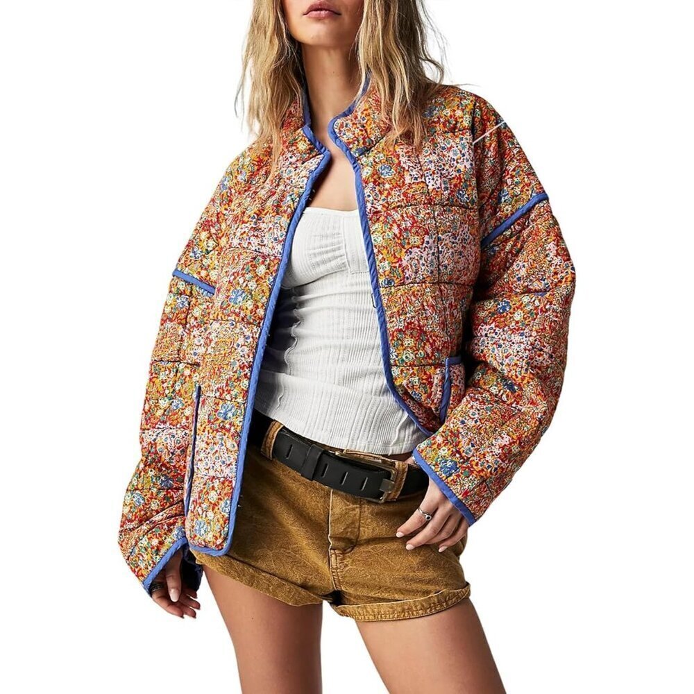 🆕Women’s Orange Cropped Puffer Jacket Floral Printed Quilted Lightweight Coat